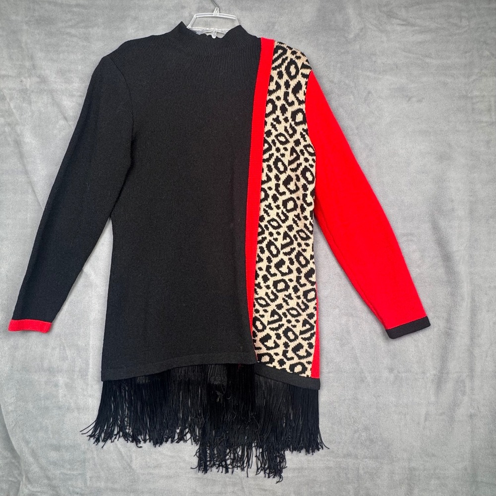 Lillie Rubin‎ Vintage Leopard Colorblock Fringe Knit Tunic Dress Red Black Sz 14